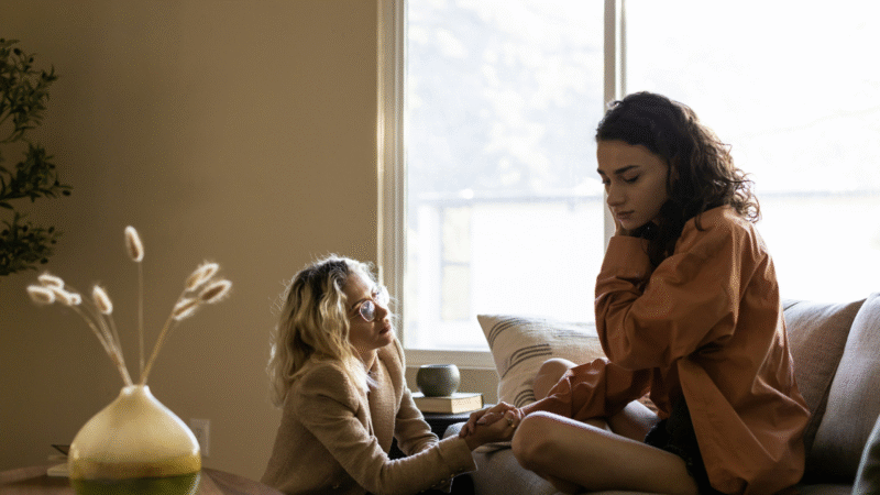 Distressed woman sitting on a couch, supported by her friend