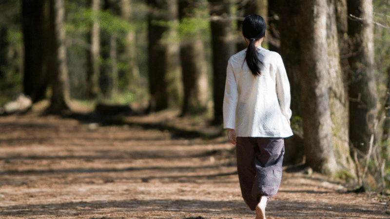 Woman Walking In A Forest, Practicing Walking Meditation